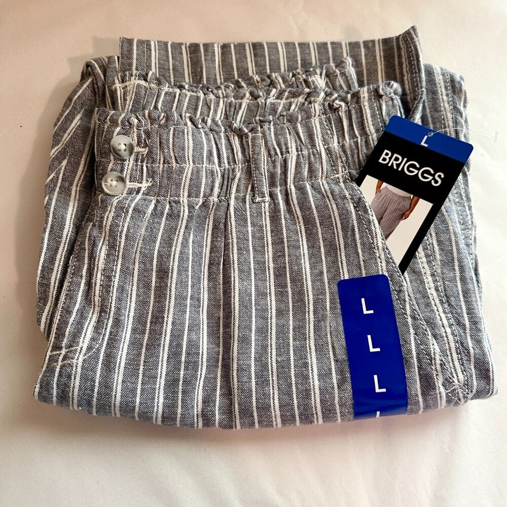 Briggs Women's Linen Blend Pant Size L Blue Stripped Loose Fit Boho Coastal NEW